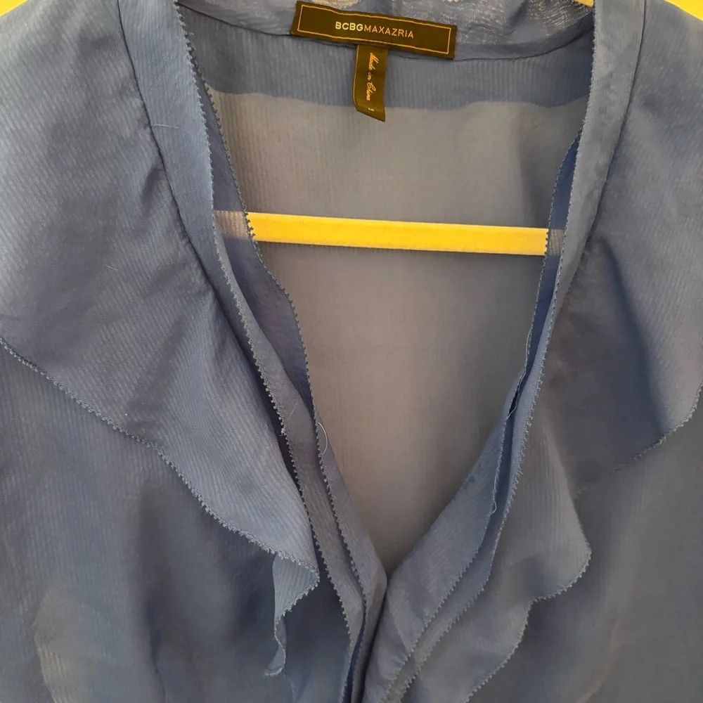 BCBGMaxAzria Silk Royal Cobalt Blue Sheer Blouse size M Ruffles - Picture 2 of 9
